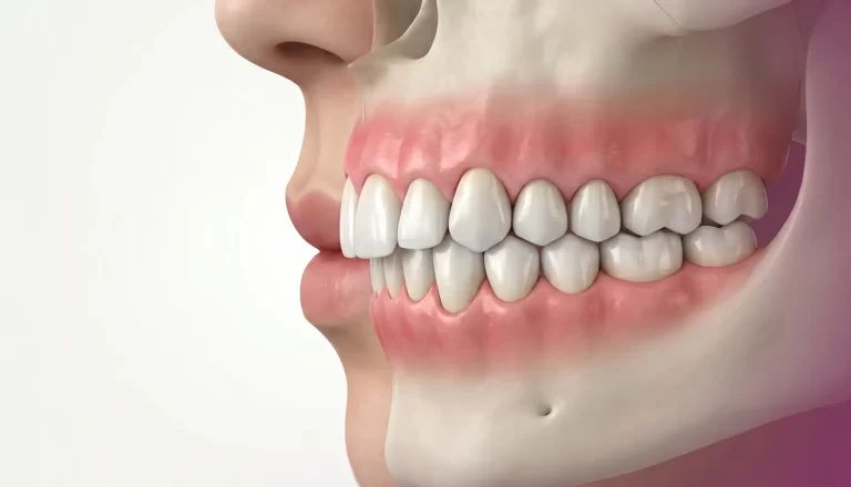 Vista de perfil lateral de una arcada dental superior e inferior cerradas, mostrando con claridad cómo los dientes incisivos superiores frontales cubren en exceso a los inferiores